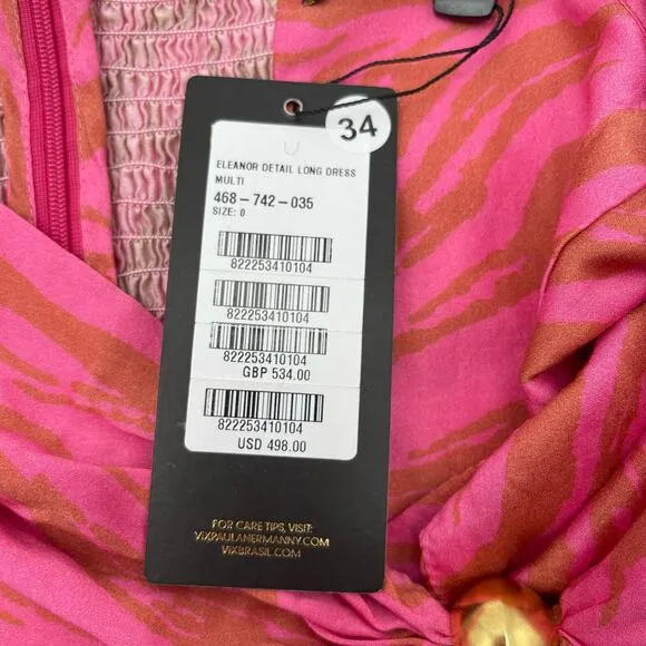 Vix Paula Hermanny | NWT Pink Animal Eleanor Cut Out Puff Sleeve Maxi Dress 0