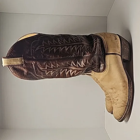 VTG Tony Lama Cowboy Boots 6520 Western Rodeo Brown Tan Leather Gold Label 7.5 D