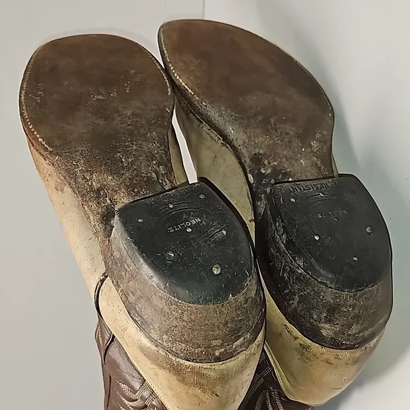 VTG Tony Lama Cowboy Boots 6520 Western Rodeo Brown Tan Leather Gold Label 7.5 D