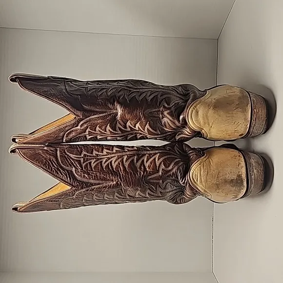 VTG Tony Lama Cowboy Boots 6520 Western Rodeo Brown Tan Leather Gold Label 7.5 D