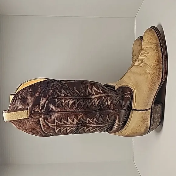 VTG Tony Lama Cowboy Boots 6520 Western Rodeo Brown Tan Leather Gold Label 7.5 D