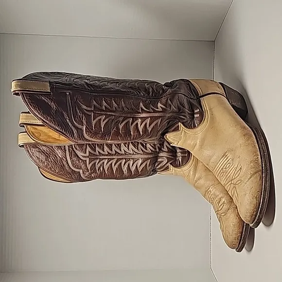 VTG Tony Lama Cowboy Boots 6520 Western Rodeo Brown Tan Leather Gold Label 7.5 D