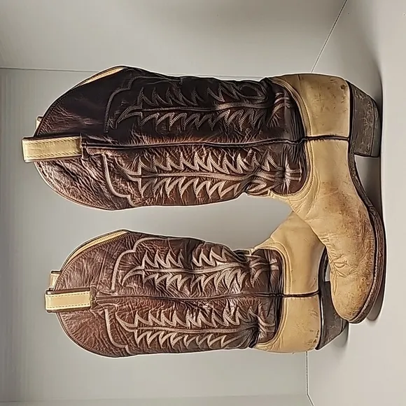 VTG Tony Lama Cowboy Boots 6520 Western Rodeo Brown Tan Leather Gold Label 7.5 D