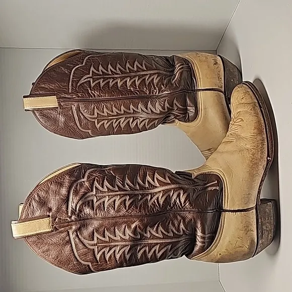 VTG Tony Lama Cowboy Boots 6520 Western Rodeo Brown Tan Leather Gold Label 7.5 D