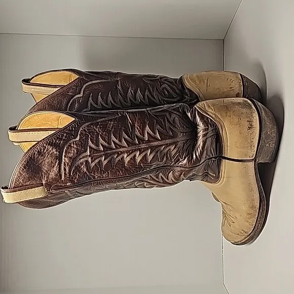 VTG Tony Lama Cowboy Boots 6520 Western Rodeo Brown Tan Leather Gold Label 7.5 D