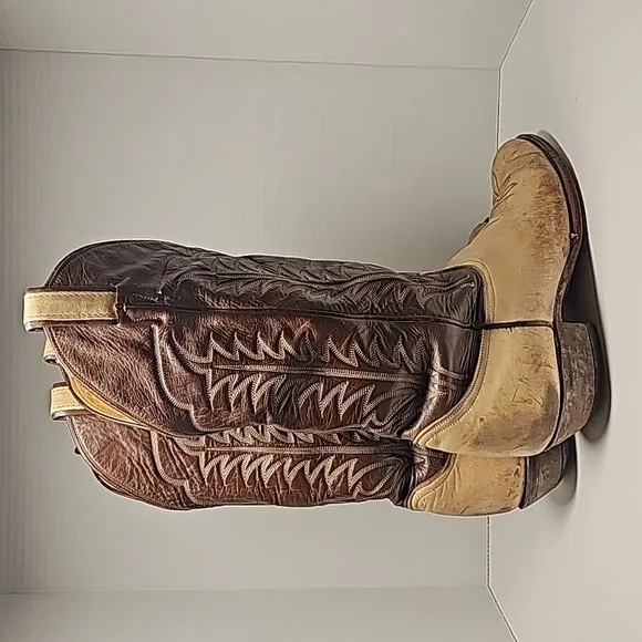 VTG Tony Lama Cowboy Boots 6520 Western Rodeo Brown Tan Leather Gold Label 7.5 D