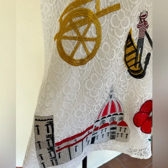 White Embroidered dress with ITALIA IS LOVE design featuring highlights of Italy