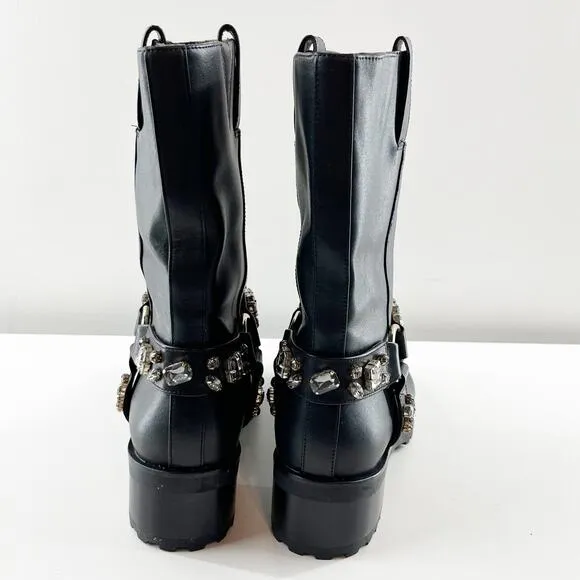 White House Black Market Leather Studded Harness Moto Boots Black 8