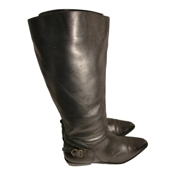 White Mountain Black Leather Boots Pull On Sz 8.5 Womens Tall Knee High