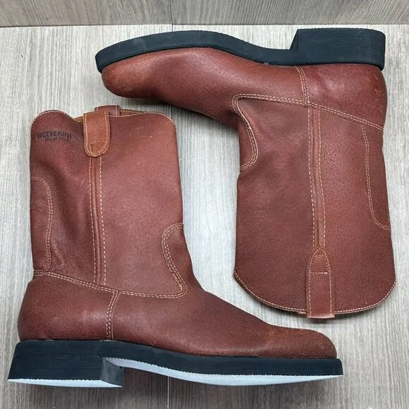 Wolverine Boar Hide Boots Mens Sz 7.5  Leather Pull On Western Cowboy Brown/Red