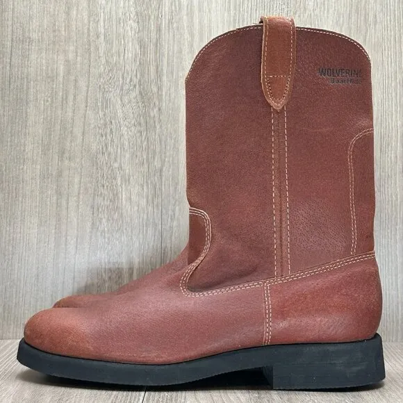 Wolverine Boar Hide Boots Mens Sz 7.5  Leather Pull On Western Cowboy Brown/Red