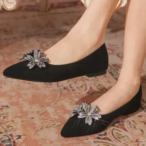 Women Flat Mule Shoes, Pointy Toe Slip-On Flats With 3D Floral Rhinestone Decor
