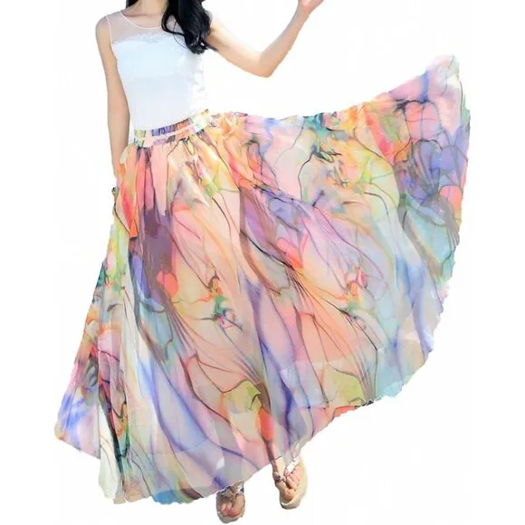 Women Full Ankle Length Blending Maxi Chiffon Long Skirt Beach Skirt