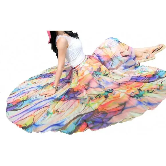 Women Full Ankle Length Blending Maxi Chiffon Long Skirt Beach Skirt