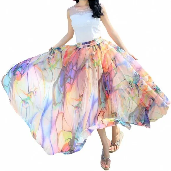 Women Full Ankle Length Blending Maxi Chiffon Long Skirt Beach Skirt