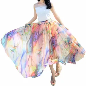 Women Full Ankle Length Blending Maxi Chiffon Long Skirt Beach Skirt