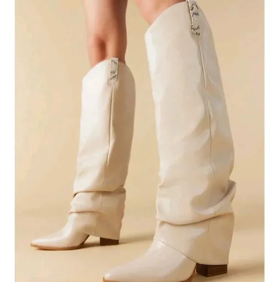 Women Knee High Boots Western Cowboy Boots Chunky Heeled Boots