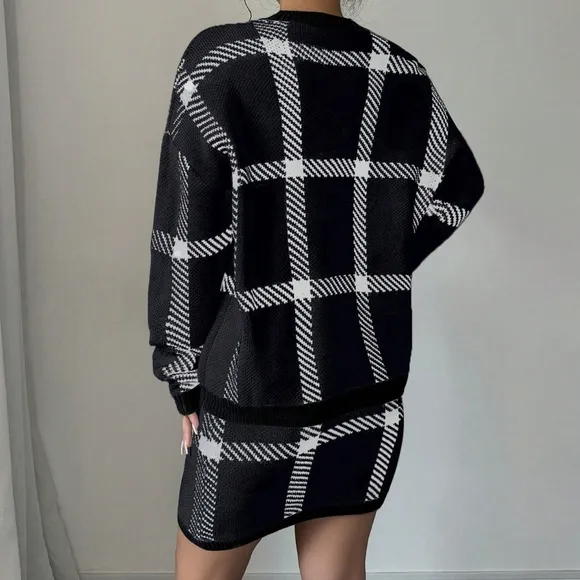 Women Plaid Print Crew Neck Long Sleeve Top And Knit Skirt 2-Piece
