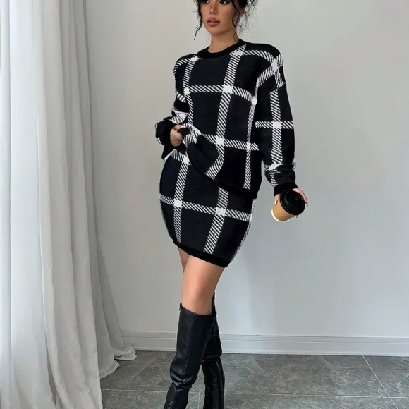 Women Plaid Print Crew Neck Long Sleeve Top And Knit Skirt 2-Piece