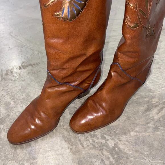 Women POLLINI Vintage Brown All Leather Riding Boot Italy SZ 38 embellished