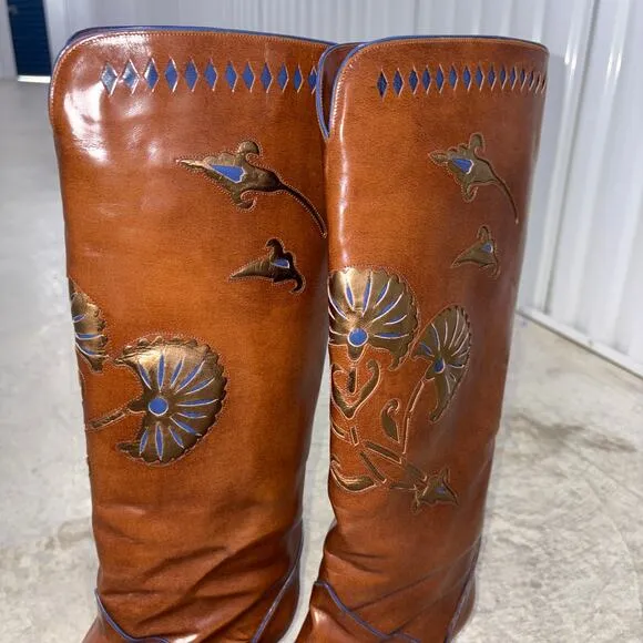 Women POLLINI Vintage Brown All Leather Riding Boot Italy SZ 38 embellished