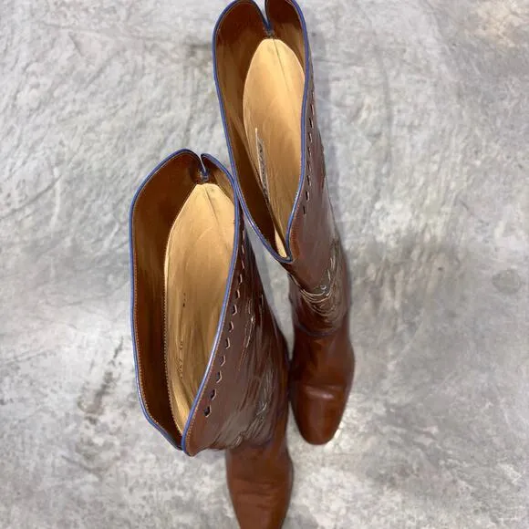 Women POLLINI Vintage Brown All Leather Riding Boot Italy SZ 38 embellished