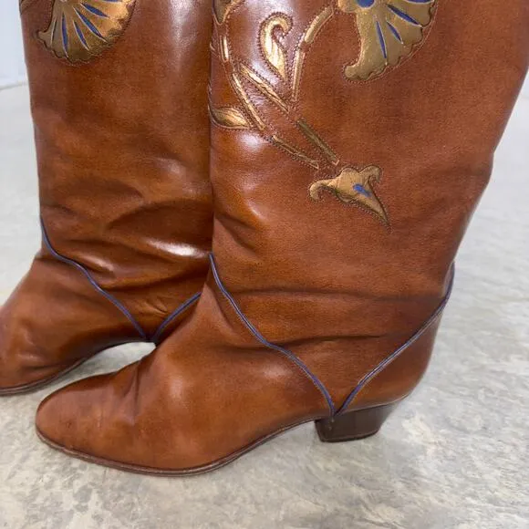 Women POLLINI Vintage Brown All Leather Riding Boot Italy SZ 38 embellished