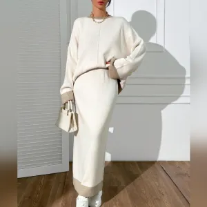 Women Round Neck Drop Shoulder Pullover &amp; Sweater Skirt Set