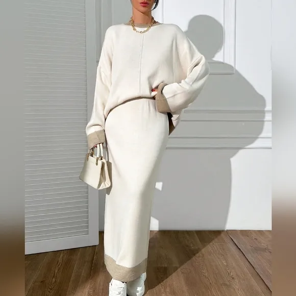 Women Round Neck Drop Shoulder Pullover &amp; Sweater Skirt Set