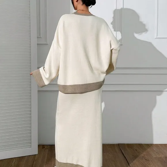 Women Round Neck Drop Shoulder Pullover &amp; Sweater Skirt Set