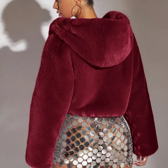 Women Solid Color Hooded Short Furry Coat, Autumn/Winter