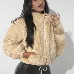 Women Solid Color Zipper Pockets Long Sleeve Jacket, Autumn/Winter