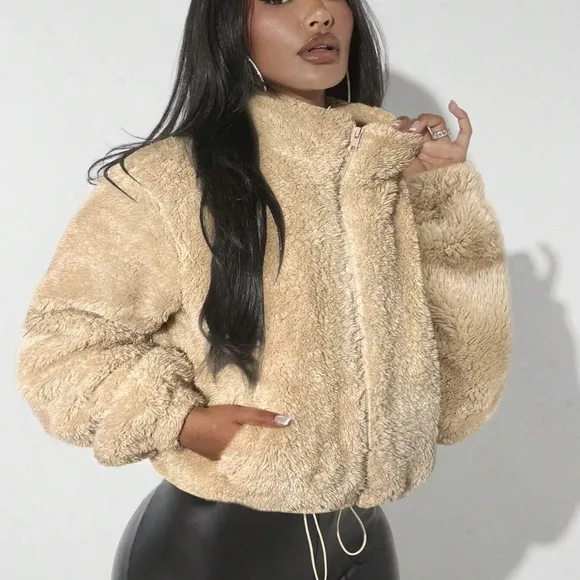 Women Solid Color Zipper Pockets Long Sleeve Jacket, Autumn/Winter