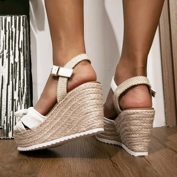 Women White Bow Decor Ankle Strap Espadrille Wedge Sandals