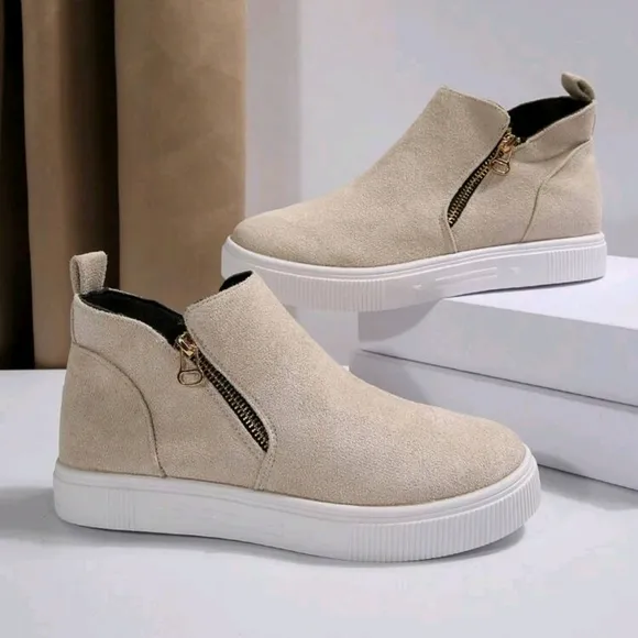 Women's Ankle Boots And Short Boots, Beige Flats Low Heel Zipper Up Short Bootie