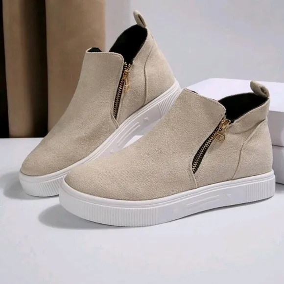 Women's Ankle Boots And Short Boots, Beige Flats Low Heel Zipper Up Short Bootie