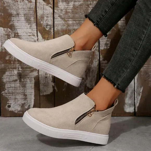 Women's Ankle Boots And Short Boots, Beige Flats Low Heel Zipper Up Short Bootie