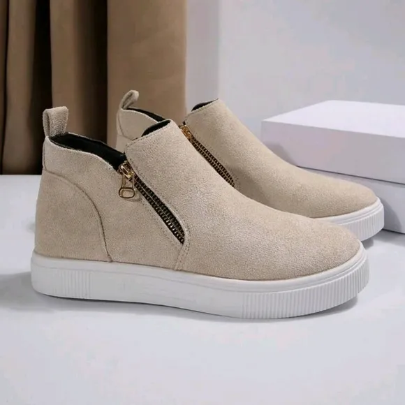 Women's Ankle Boots And Short Boots, Beige Flats Low Heel Zipper Up Short Bootie