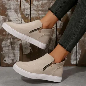 Women's Ankle Boots And Short Boots, Beige Flats Low Heel Zipper Up Short Bootie