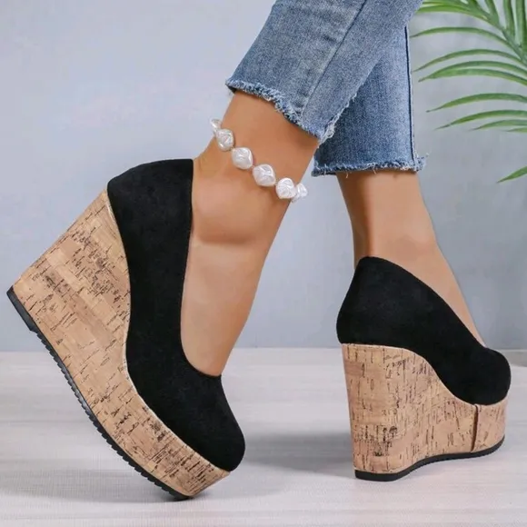 Women's Black Wedge Shoes, Color Block Design, Fashionable And Comfortable