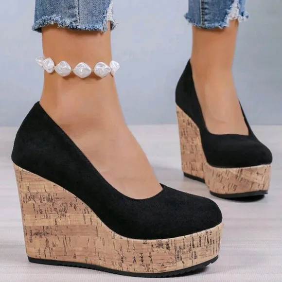 Women's Black Wedge Shoes, Color Block Design, Fashionable And Comfortable