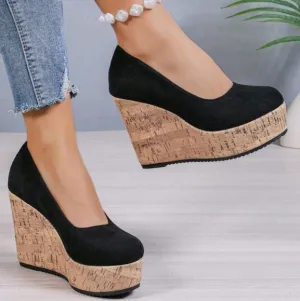 Women's Black Wedge Shoes, Color Block Design, Fashionable And Comfortable