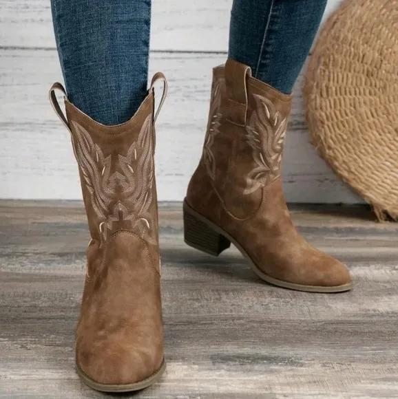 Women's Brown Embroidered Western Ankle Boots, Cowboy Boots