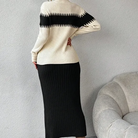 Women's Contrast Color Half Turtleneck Sweater Two Piece Set