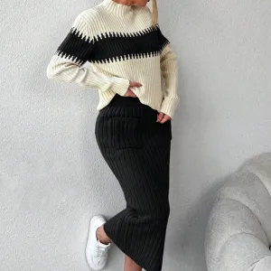Women's Contrast Color Half Turtleneck Sweater Two Piece Set