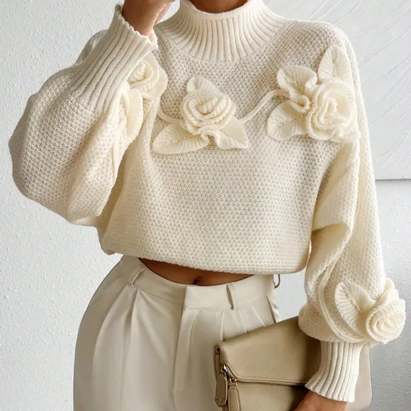 Women's Elegant Floral High Neck Long Sleeve Sweater, Autumn/Winter