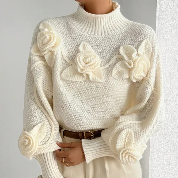 Women's Elegant Floral High Neck Long Sleeve Sweater, Autumn/Winter
