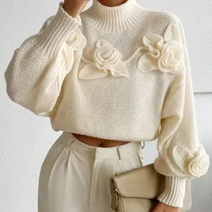 Women's Elegant Floral High Neck Long Sleeve Sweater, Autumn/Winter