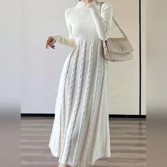 Women's Elegant Simple Ribbed High Neck Cable Knit Midi Sweater Dress