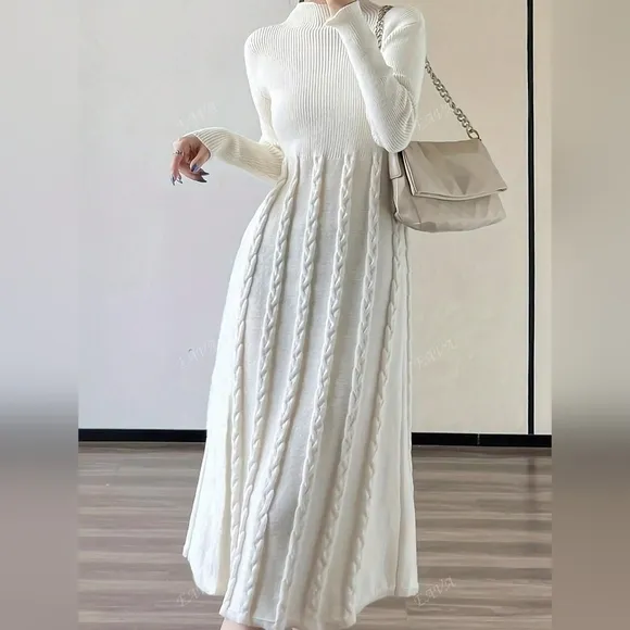 Women's Elegant Simple Ribbed High Neck Cable Knit Midi Sweater Dress